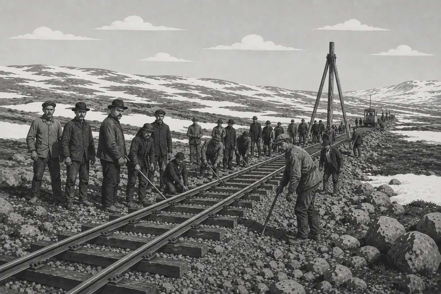 Historic black and white photograph of Bergen Railway construction workers on the Hardangervidda plateau