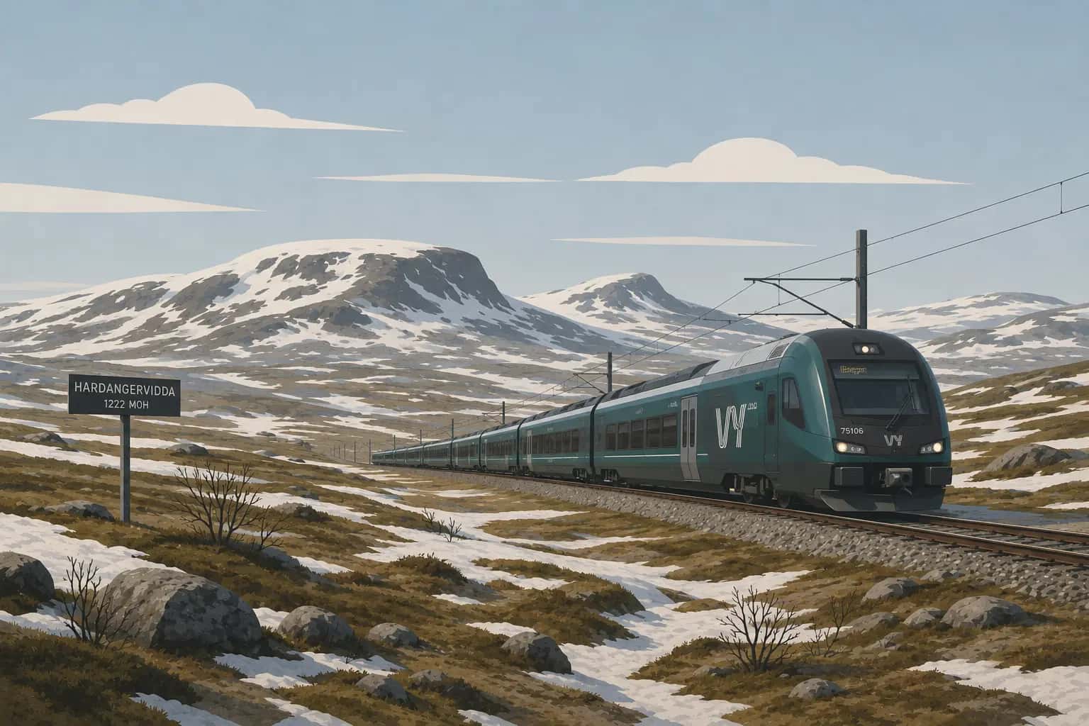 Bergen Railway train crossing the snow-covered Hardangervidda plateau in winter