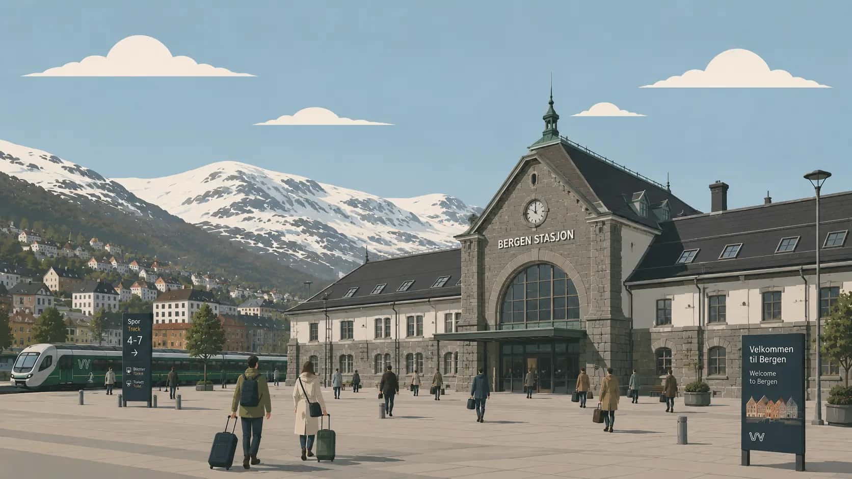 Voss train station exterior with snow-covered mountains and a clear blue sky in the background