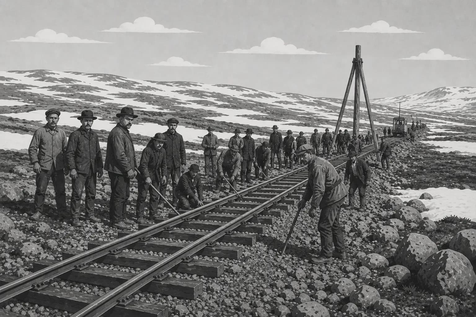 Historic black and white photograph of Bergen Railway construction workers on the Hardangervidda plateau
