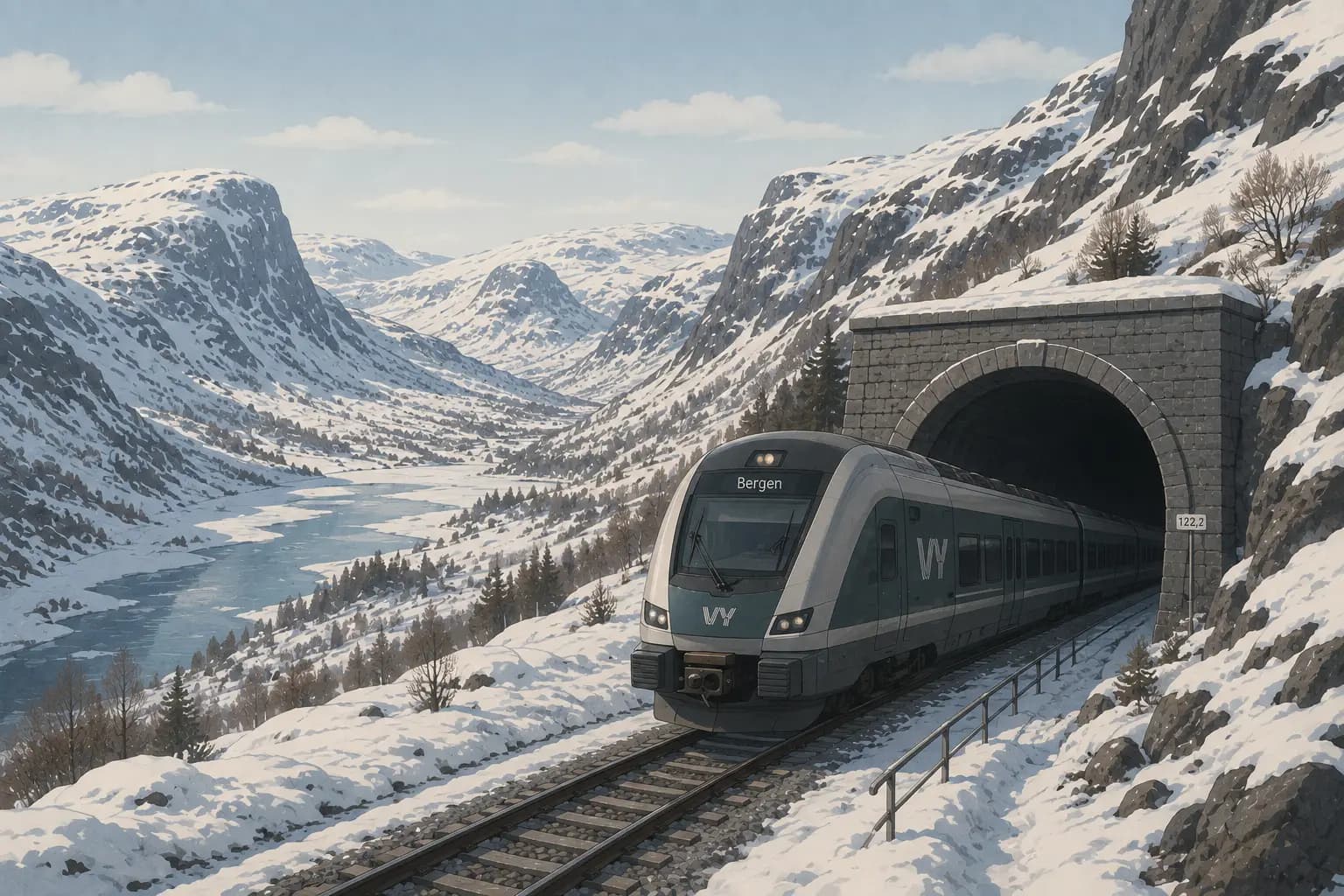 Bergen Railway train emerging from a tunnel into a snow-covered Norwegian mountain valley