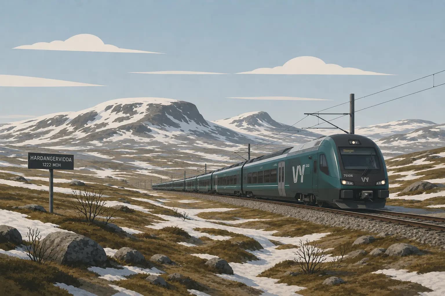 Bergen Railway train crossing the snow-covered Hardangervidda plateau in winter