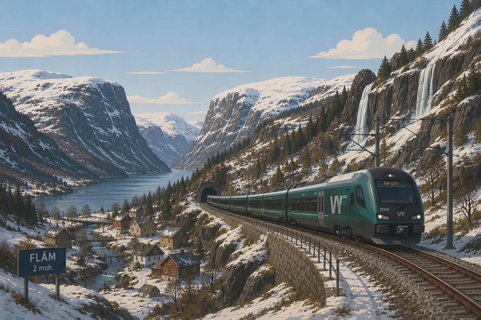 Bergen Railway train passing through the snowy Flåm valley region in Norway