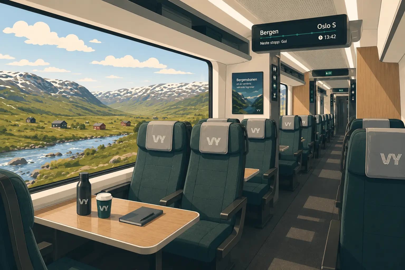 Interior of a modern Vy train on the Bergen–Oslo route with panoramic windows and comfortable seats