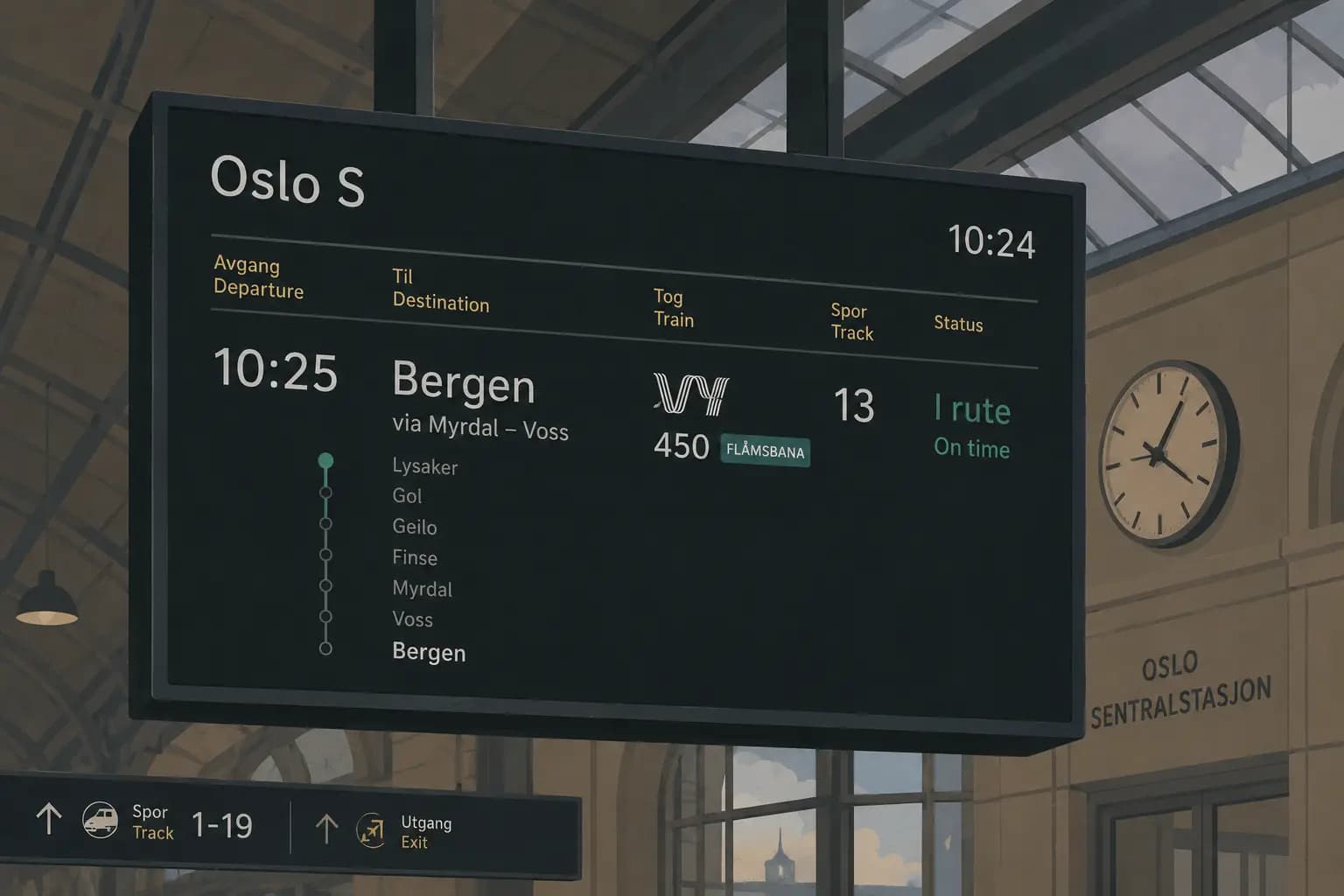 Departure board at Oslo Central Station showing Bergen Railway departure on time