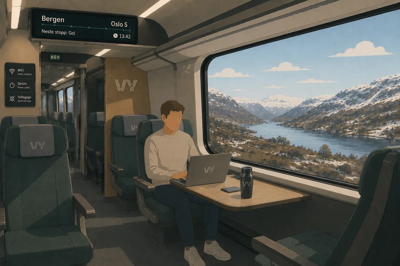 Passenger using laptop with Wi-Fi on a Norwegian Vy train between Bergen and Oslo