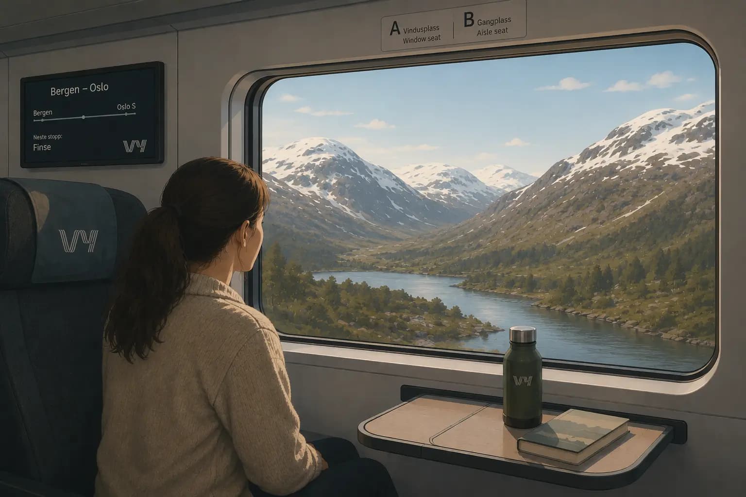 Passenger seated next to a window on a Vy train