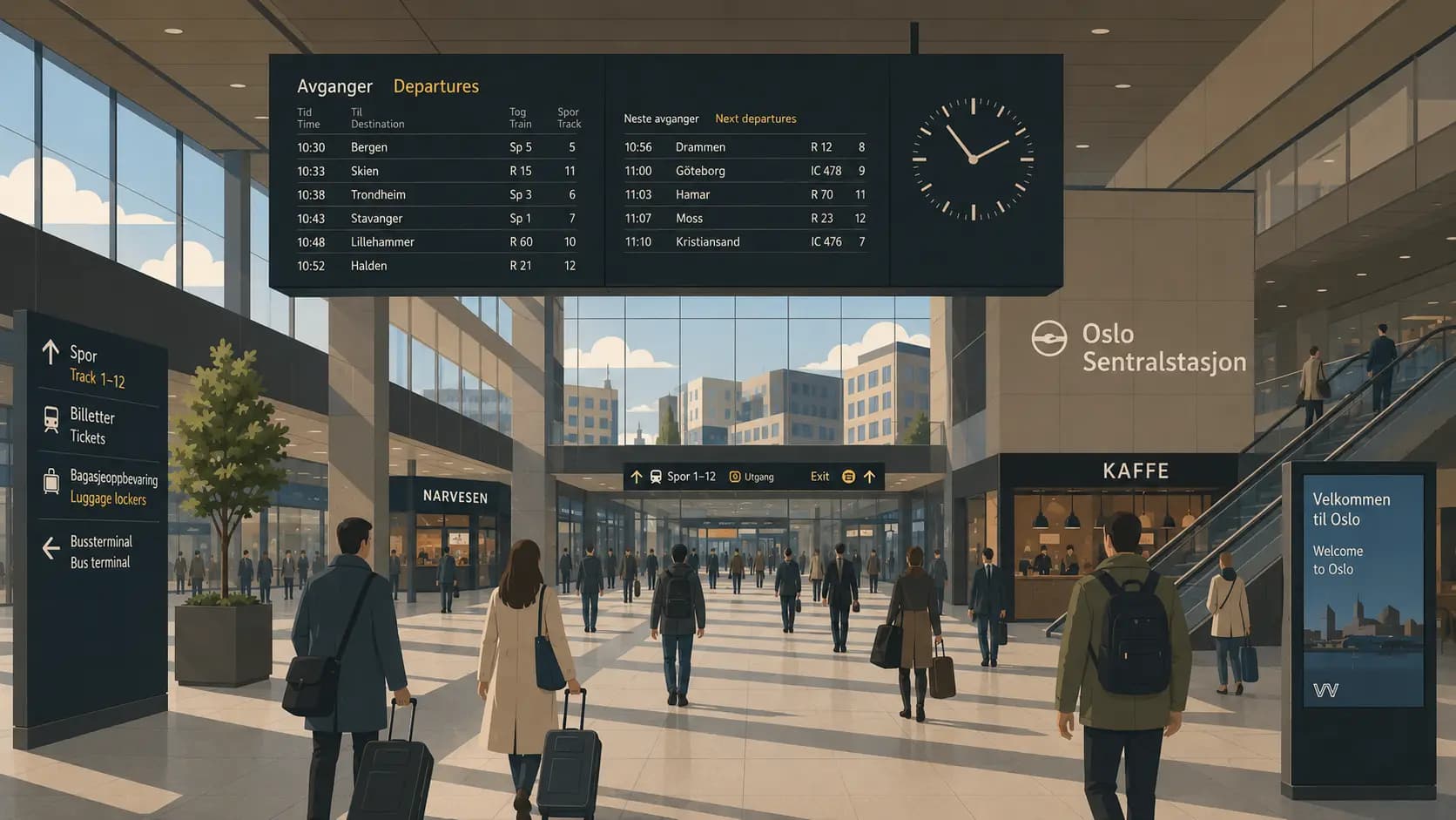 Modern interior of Oslo Central Station with departure boards and travellers walking through the main hall