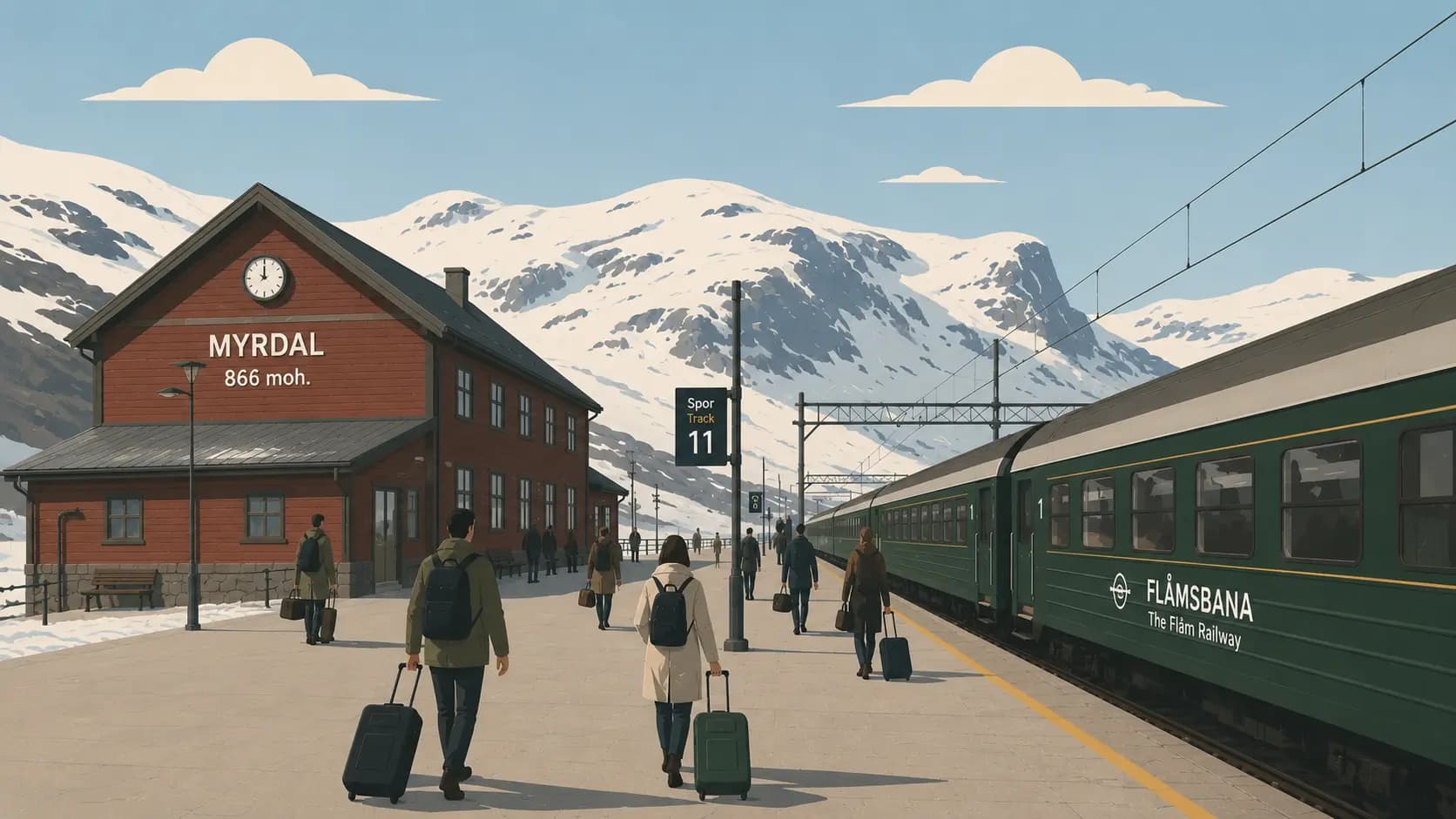 Myrdal mountain station platform with snow-capped peaks behind and a Flåm Railway train waiting