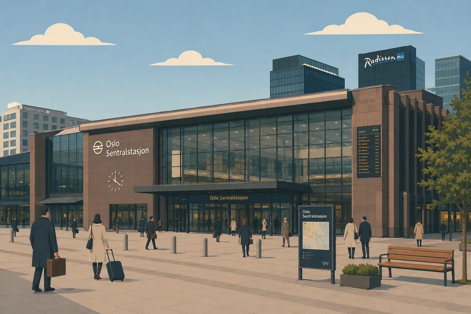 Historic red-brick facade of Bergen Station with passengers arriving outside in daylight